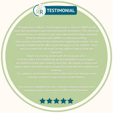 Resilience Rebel ADHD workplace coaching testimonial. White writing on green background with logo and five blue stars.